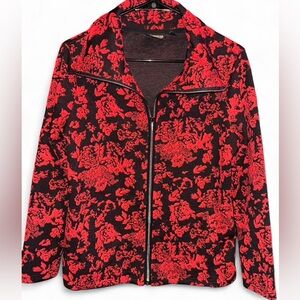 Vintage Onque Casual Floral Jacquard Red and Black Textured Women's Zip Jacket